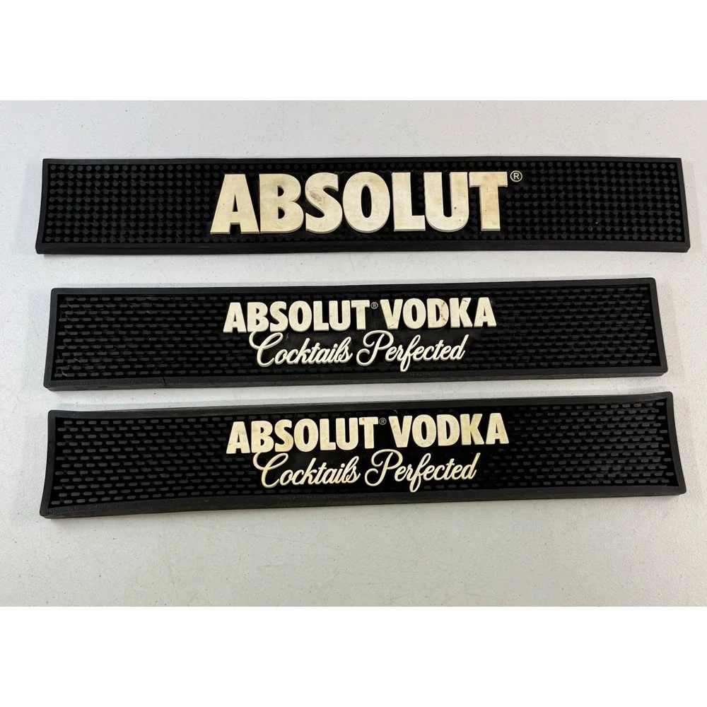 3 Black Rubber Bar Rail Drip Mats Absolut Vodka Beer